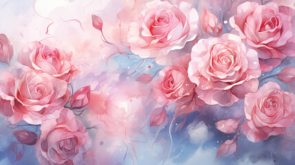 Watercolor bouquet pink roses background. Roses in full bloom, with delicate petals.