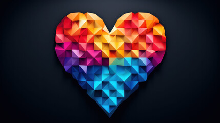 A vibrant geometric heart against a dark background, a modern symbol of love and diversity.