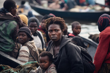 Sad African American migrants women, men and kids in the boats. Refugees and asylum seekers coming to Europe by sea ocean. Growing illegal migration flows, integration of migrants and immigrants
