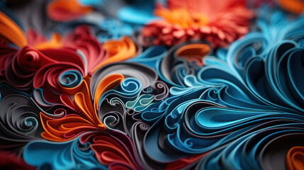 A dynamic composition of paper art with swirling patterns and bold colors reminiscent of the fluidity of lace lingerie.