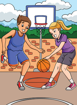 Basketball Kids Playing Colored Cartoon 