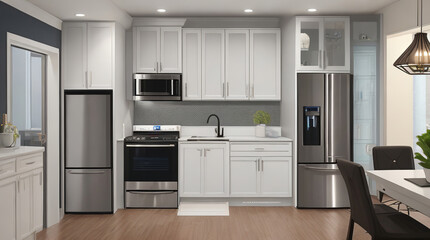 Modern Scandinavian kitchen and dining room - Minimalistic living room and kitchen interior design in white and grey color theme - Generative AI