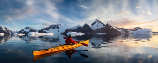 Winter kayaking , man paddling on sea kayak between icebergs.  Generative ai - obrazy, fototapety, plakaty