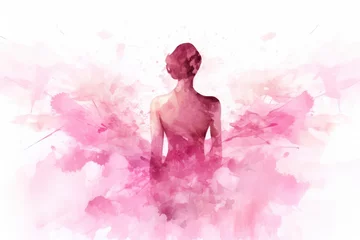 Fotobehang Pink silhouette of woman back view, international cancer day. Generative AI © masharinkaphotos