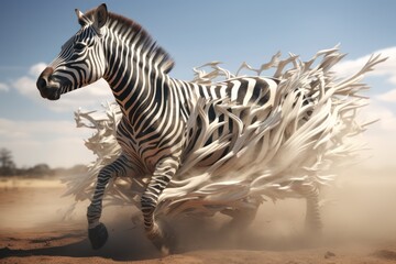 Fototapeta na wymiar Zebra runs and loses its stripes. Generative AI