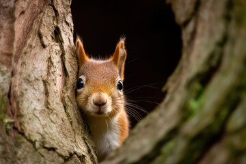 Naklejka na ściany i meble Squirrel peeks out of hollow tree. Generative AI