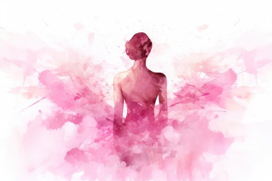 Pink silhouette of woman back view, international cancer day. Generative AI