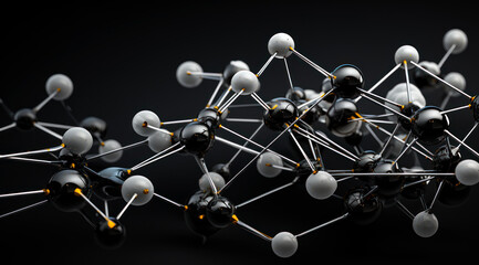 A diagram of this chemical structure. A bunch of white and black balls on a black surface