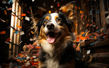 A dog in the room. A dog sitting in front of a bunch of confetti