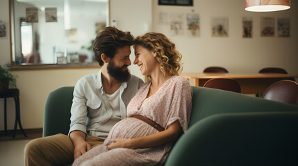 Happy pregnant woman and husband sitting on the couch at home