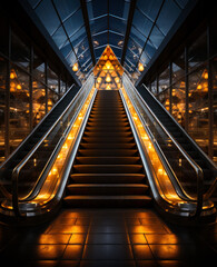 An image of an escalator in a dark place. An escalator with lights going down it