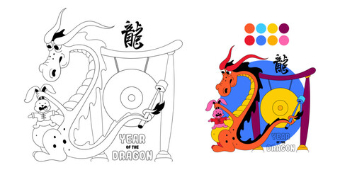 Dragon and rabbit zodiac signs in cartoon style. Chinese new year 2023 and 2024 symbols doodle sketch isolated on a white background. Cute animals for coloring book page. Vector illustration
