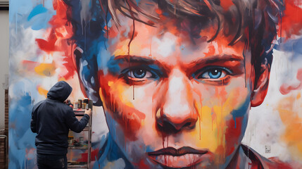 Young street graffiti artist paints colorful graffiti on brick wall. Street art and contemporary...