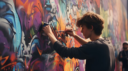 Young street graffiti artist paints colorful graffiti on brick wall. Street art and contemporary painting process. Entertainment in youth subculture - obrazy, fototapety, plakaty