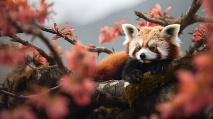 Red Panda resting on Tree among Leaves