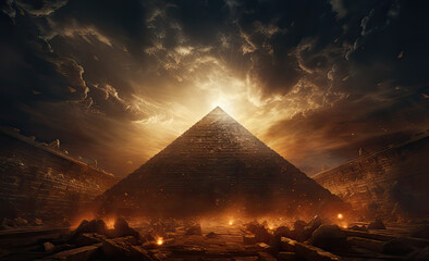 widok piramidy i energi blisko niej przy pięknych chmurach - obrazy, fototapety, plakaty