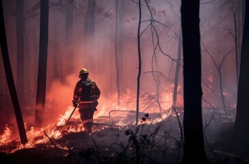 Firefighter Responds to Forest Wildfire with Warning Sign - obrazy, fototapety, plakaty