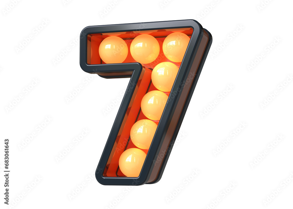 Poster eye catching retro style 3d light bulb sign digit number 7 in orange and dark blue. high quality 3d 