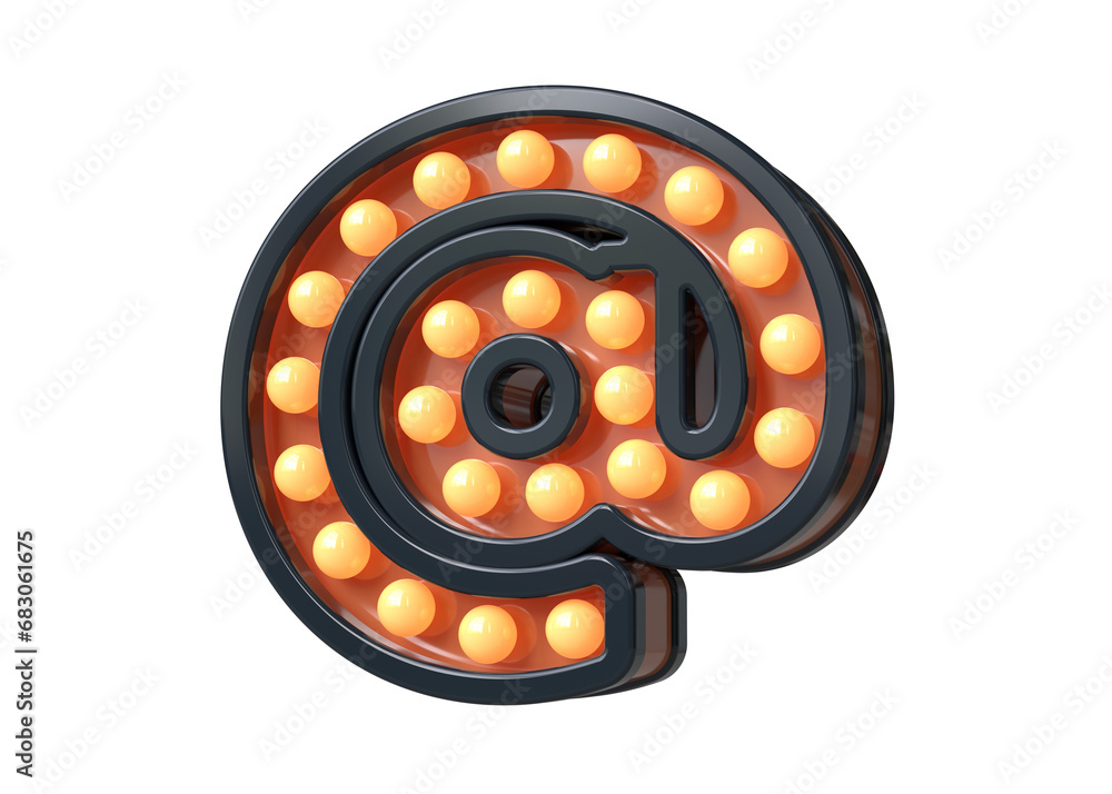 Poster light bulb marquee in the shape of email at sign in blue and orange. high quality 3d rendering.