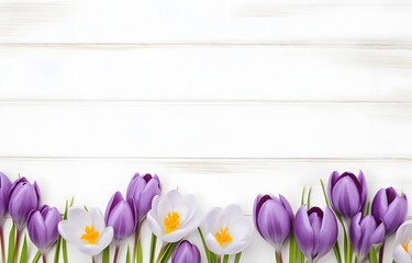 colorful crocus flowers on white wooden table for greeting card