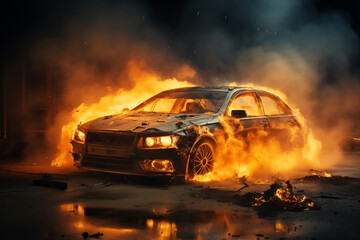 At night, a car is burning on the street with a bright flame and thick smoke is coming out.