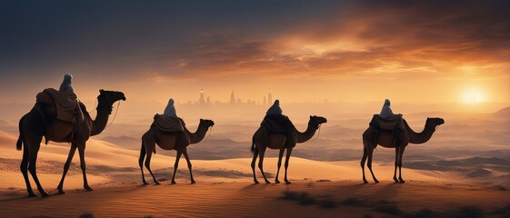 Sunset silhouette of a group of camels with riders surveying the desert horizon against the backdrop of a large distant city during sunset