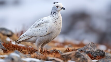 White Ptarmigan in Winter Camouflage among Rocks