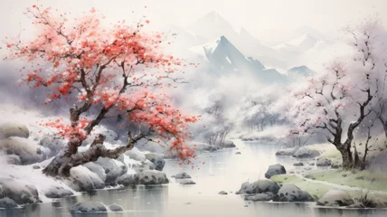 Papier Peint photo Blanche Traditional oriental watercolor painting, japanese and chinese style. Ink landscape painting. A river flows through the landscape.
