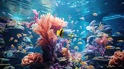 Underwater Marine Life in Aquarium Tank with Coral Reef Fish