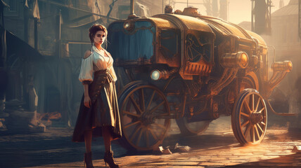Steampunk and retro-futurism style. Beautiful steampunk woman standing near mechanical vehicle on vintage steampunk background. - obrazy, fototapety, plakaty