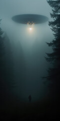 latajace ufo statek nad lasem polami z promieniem światła ku ziemi