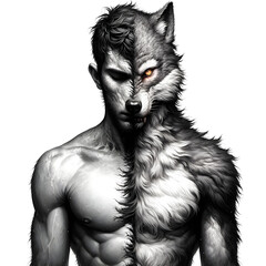 Majestic Human-Wolf Hybrid Creature Portrait, Muscular Male Torso with Glossy Skin - Concept of Mythical Beings, Inner Strength & Transformation