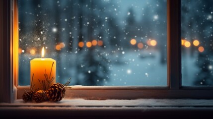 Winter holidays and celebration concept - advent candlestick on window sill at night - obrazy, fototapety, plakaty