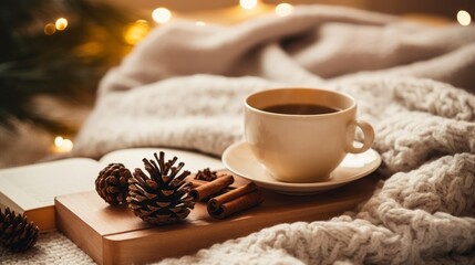 Obraz na płótnie Canvas Winter holidays hygge. Stylish cup of warm tea, fir branches in basket, wooden trees and star, pine cones and lights on table. Modern christmas rustic eco friendly decor in scandinavian room