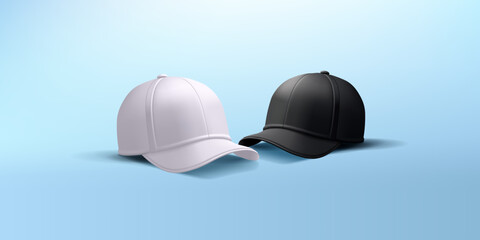White and black cap, 3D baseball cap. Realistic image on a blue background for branding, advertising, and sports concepts. Vector