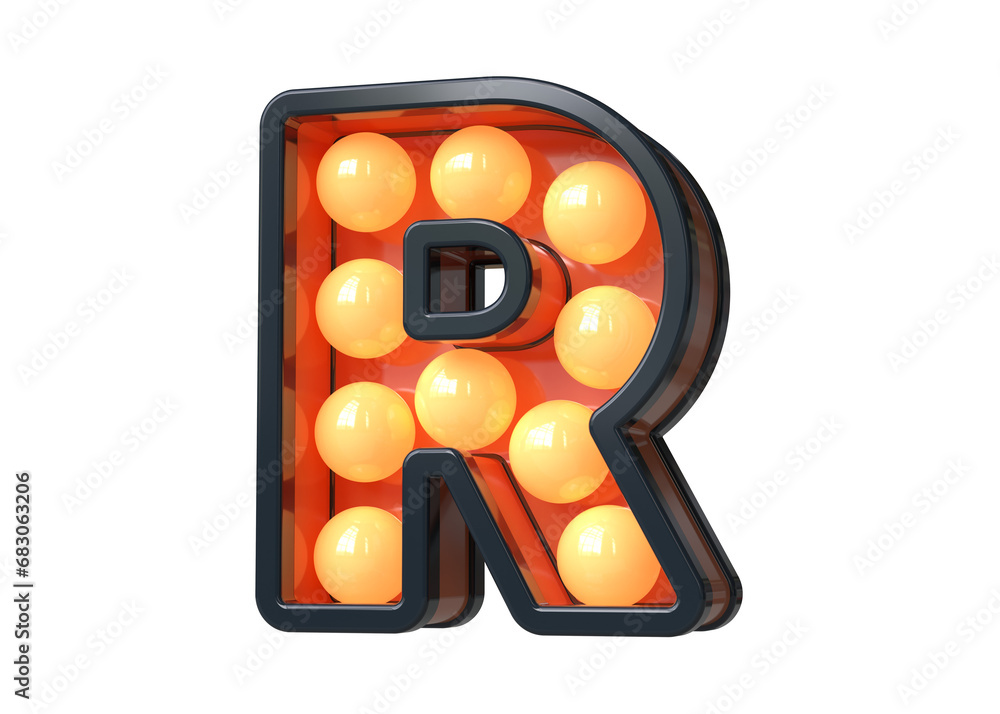 Poster retro modern typography character r in dark blue with orange light. light bulb marquee letters. high