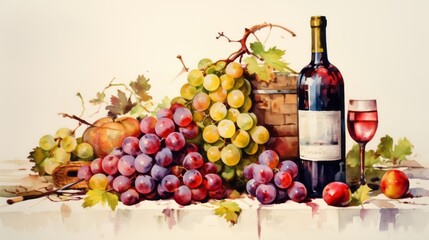 Still life with wine and grapes and apples in watercolor painting design