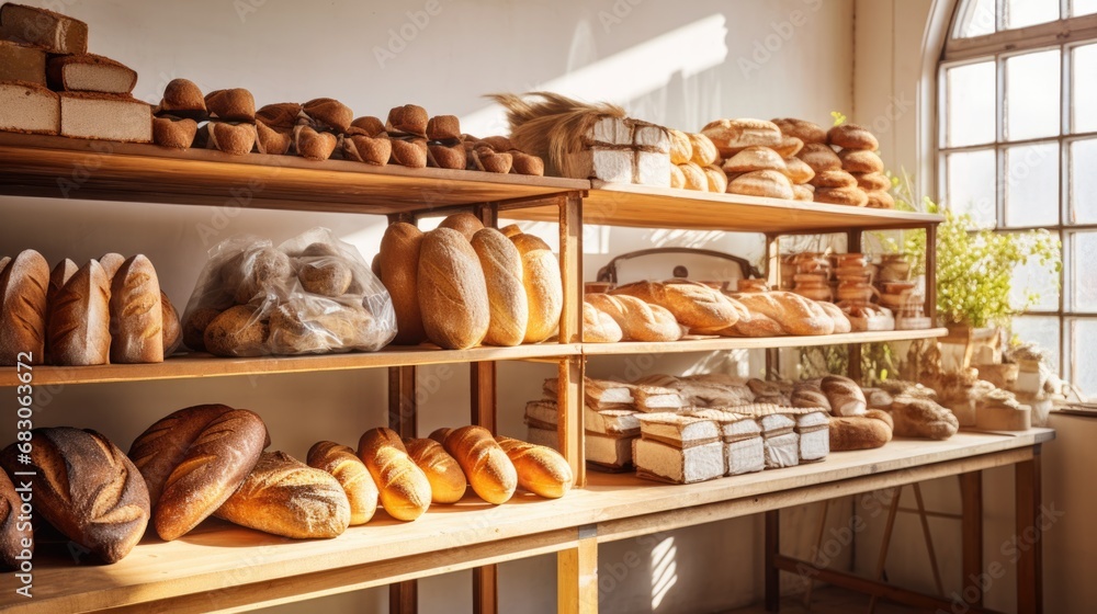 Poster a shelf filled with lots of different types of bread. generative ai.