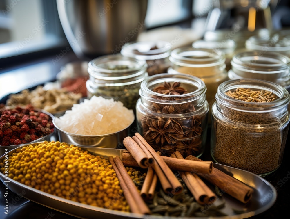 Poster a variety of spices and spices on a table. generative ai.