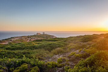 Cabo Espichel headland In Setubal District, Portugal, view with abandoned building - observation...