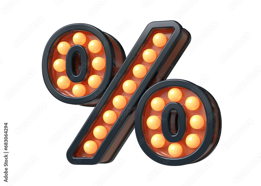 Poster light bulb sign in the shape of percent symbol in blue and orange. high quality 3d rendering.