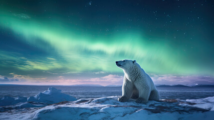 Illustration of a polar bear with the Northern Lights on the background. For covers, backgrounds, wallpapers and other projects about the greatness of winter nature. - obrazy, fototapety, plakaty