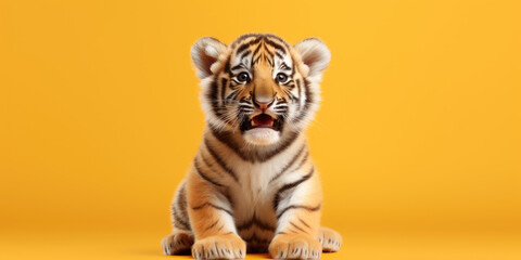 Cute tiger with happy positive smiling expression. Wide banner copy space on side. Clean background in only one colour