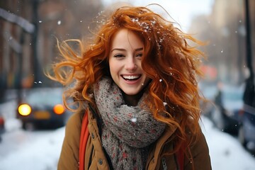 portrait of a beautiful woman in the city street, enjoying winter season - obrazy, fototapety, plakaty