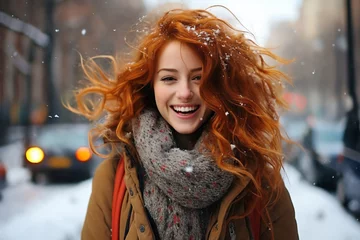 Deurstickers portrait of a beautiful woman in the city street, enjoying winter season © soleg