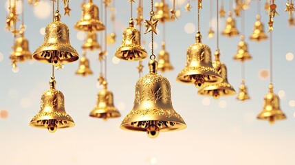 Fototapeta na wymiar a light background, highlighting the beauty of gold Christmas bells and providing ample space for text or invitations.