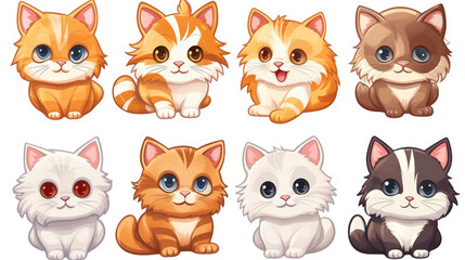 Variety of cute cat stickers featuring different cat breeds. Cat portraits on a clean background.