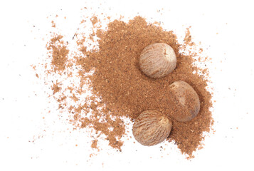 Milled nutmeg powder and whole nut isolated on white, top view