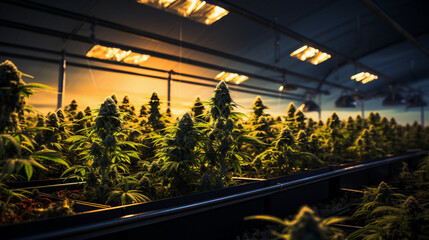Lush Indoor Cannabis Plantation Offering a Glimpse into Advanced Horticultural Practices - obrazy, fototapety, plakaty