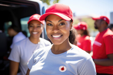Portrait of a smiling female volunteer, blood donor woman at a mobile blood collection center. World donor day concept, national blood donor month